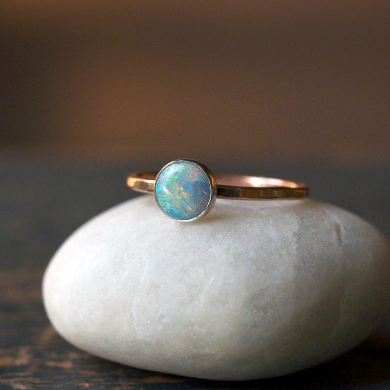 Opal Ring Gold Solid 14k Gold Hammered Band October - Etsy