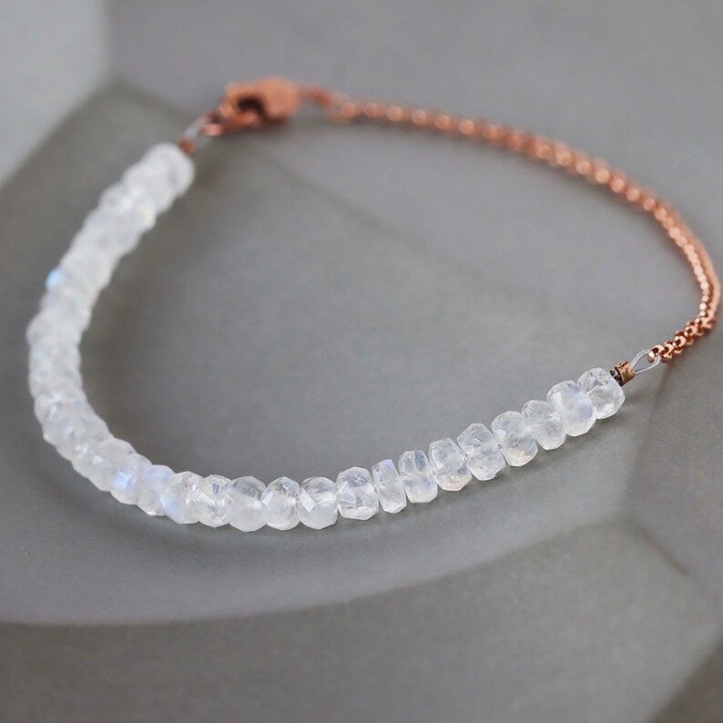 Moonstone Beaded Bracelet, Moonstone Gems and Rose Goldfill Chain, June Birthstone Dainty Layering Bracelet image 3