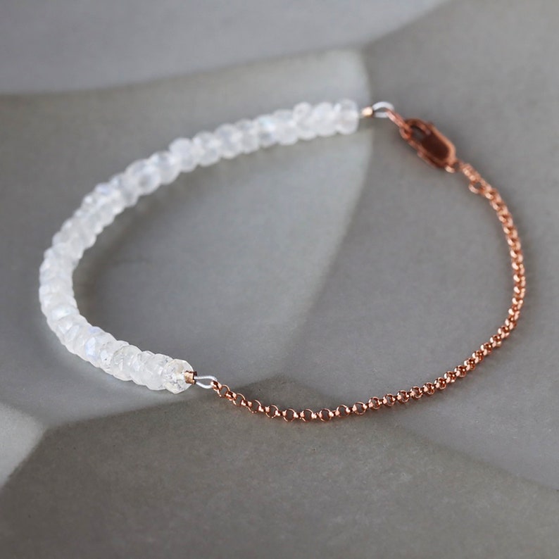 Moonstone Beaded Bracelet, Moonstone Gems and Rose Goldfill Chain, June Birthstone Dainty Layering Bracelet image 2