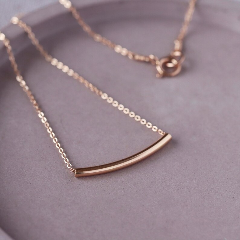 Rose Gold Bar Necklace, Dainty 14k Rose Gold Fill Curved Bar Minimalist Necklace image 4
