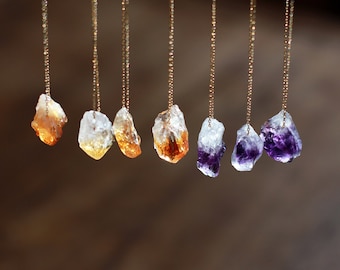 Raw Crystal Necklace, Amethyst or Citrine Rough Point, Gemstone Pendant Jewelry, 14k Gold Fill or Sterling Silver Chain