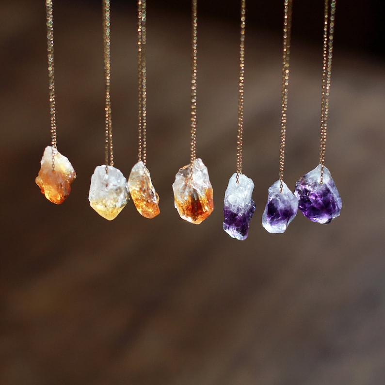 Raw Crystal Pendant Necklace, Amethyst or Citrine Raw Point, Rough Gemstone Jewelry, 14k Gold Fill or Sterling Silver, Rough Crystal Point 