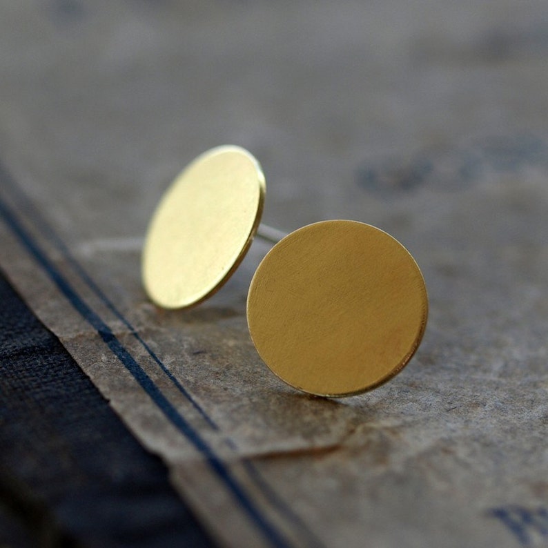 Round Brass Earrings, Brass Circle Studs, Gold Disk Earrings, Minimal Brass Jewelry image 3