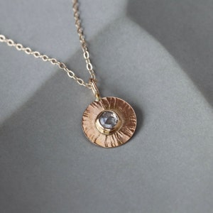 Salt and Pepper Diamond Pendant, Natural Rose Cut Diamond Solid 14k Gold Necklace, Sunburst Hammer Pattern Gold Disc Necklace