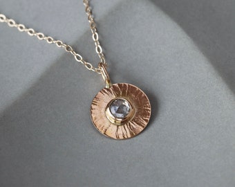 Salt and Pepper Diamond Pendant, Natural Rose Cut Diamond Solid 14k Gold Necklace, Sunburst Hammer Pattern Gold Disc Necklace