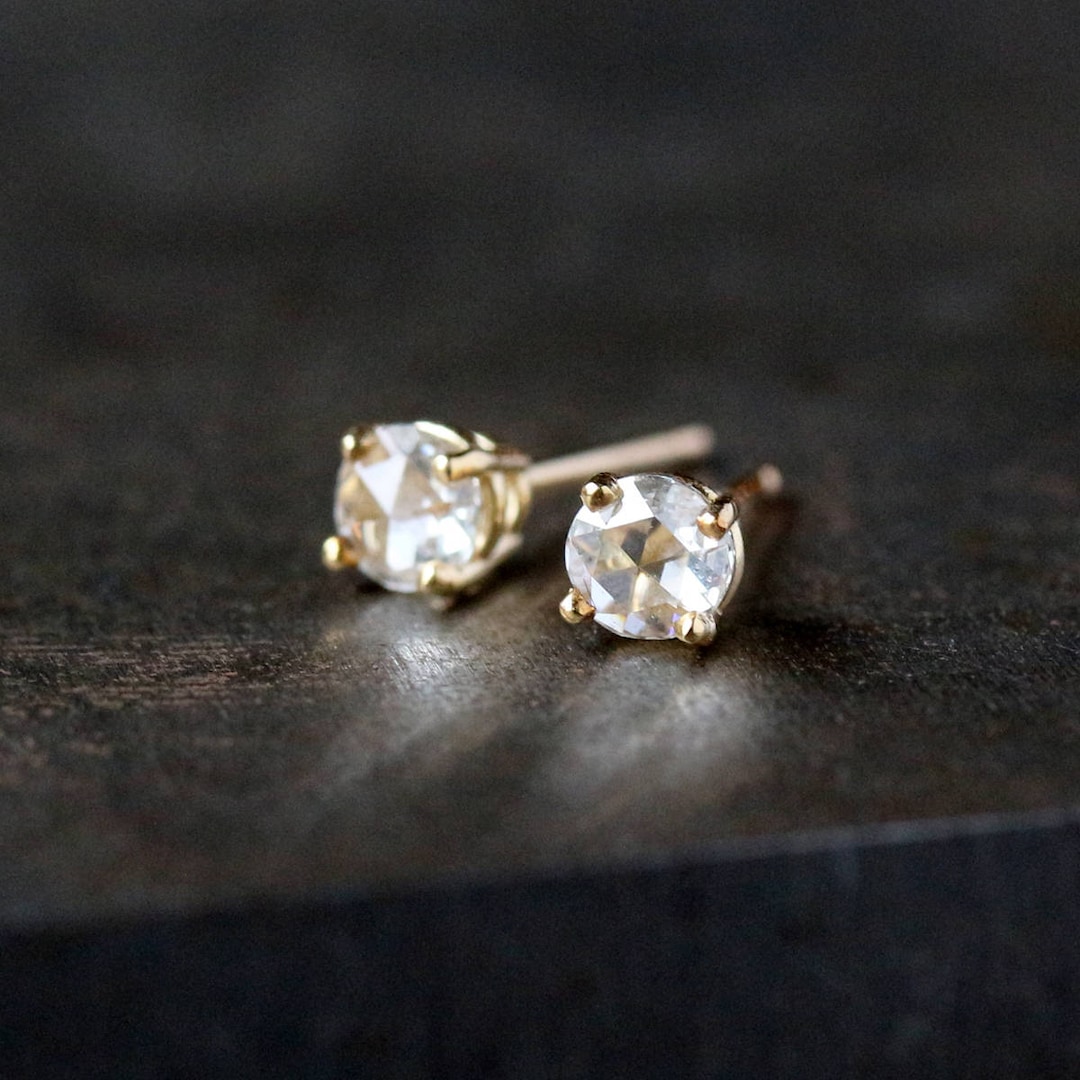 Diamond Stud Earrings Gold Rose Cut White Diamonds Solid 14k - Etsy