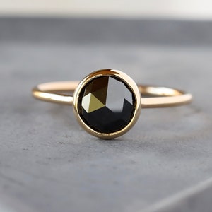 Black Diamond Ring, Large Round Rose Cut Diamond, Solid 14k Yellow Gold Ring, Unique Engagement Ring image 6