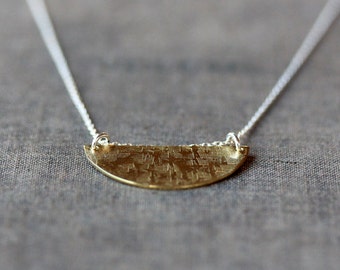 Viking Necklace, Half Moon Necklace, Raw Brass Necklace on Sterling Silver Chain, Hammered Pattern Mixed Metal Jewelry