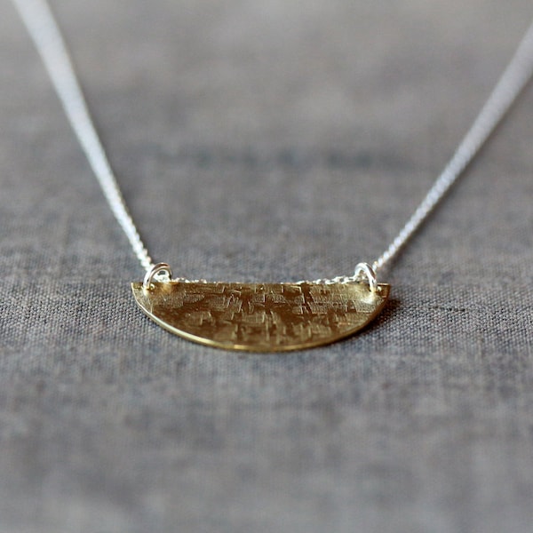 Viking Necklace, Half Moon Necklace, Raw Brass Necklace on Sterling Silver Chain, Hammered Pattern Mixed Metal Jewelry