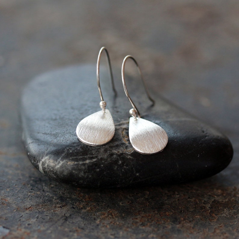 Sterling Silver Teardrop Earrings, Curved Drop Earrings, Brushed Silver Drops, Sparkly Jewelry, Minimal Earrings, Modern Style image 5