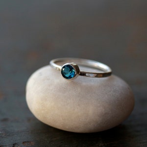 London Blue Topaz Ring, Sterling Silver Hammered Band, Simple Silver Gemstone Ring image 2