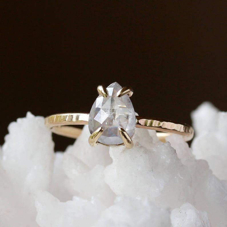 Natural Icy White Diamond Ring, Rose Cut Pear Diamond, 14k Yellow Gold Hammered Band, Conflict Free Solitaire Prong-Set Diamond image 2