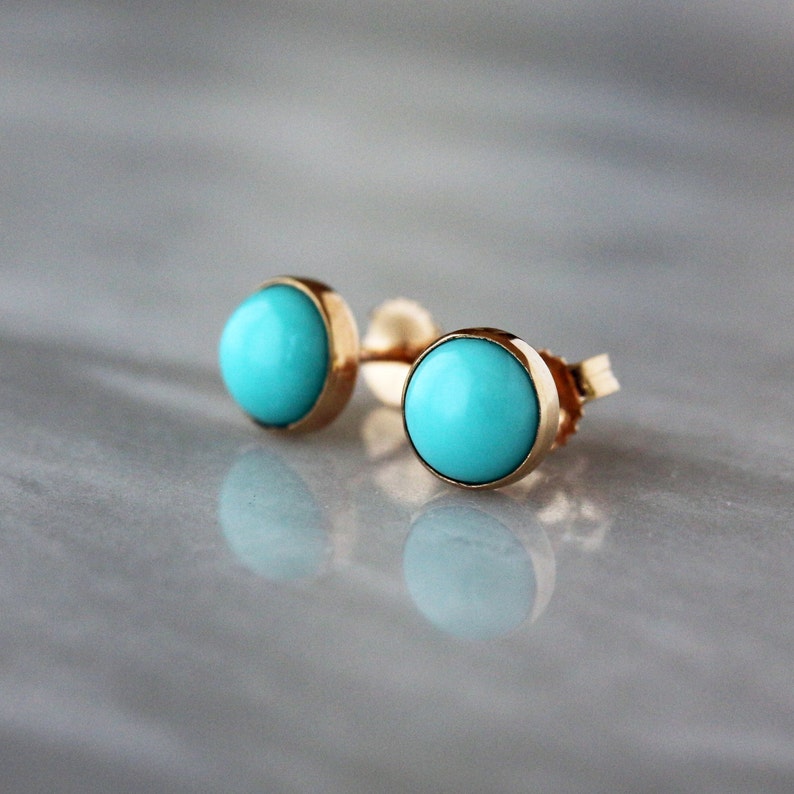 Turquoise Studs, Gold Stud Earrings, 14k Yellow Gold Post, Gold Turquoise Earrings, Blue Turquoise Gemstone Studs image 3
