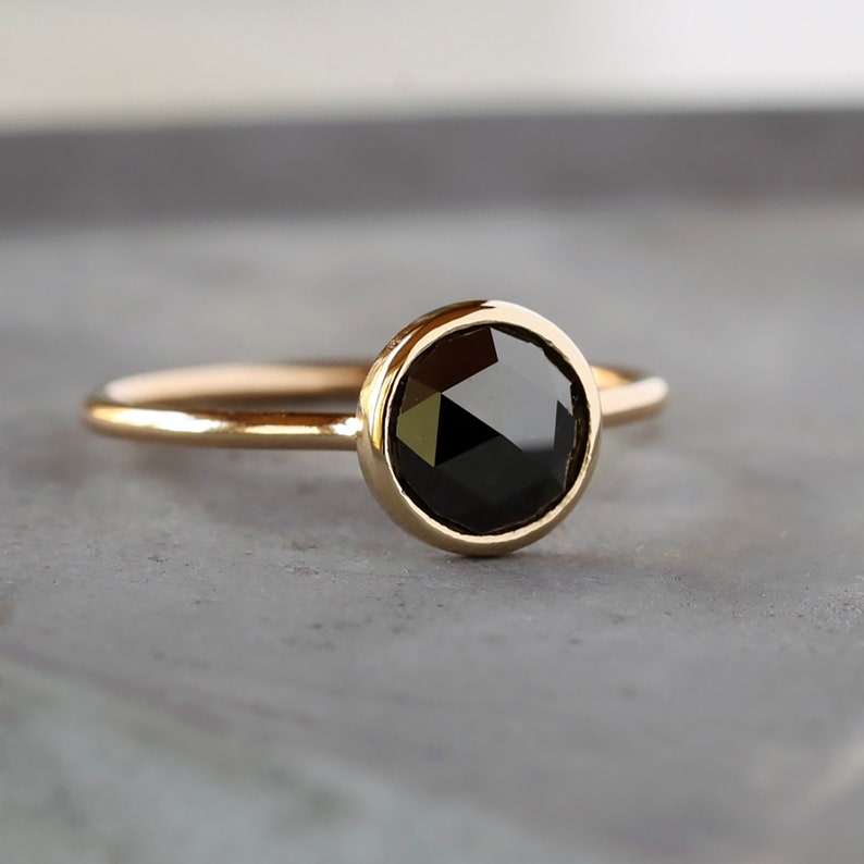 Black Diamond Ring, Large Round Rose Cut Diamond, Solid 14k Yellow Gold Ring, Unique Engagement Ring image 2