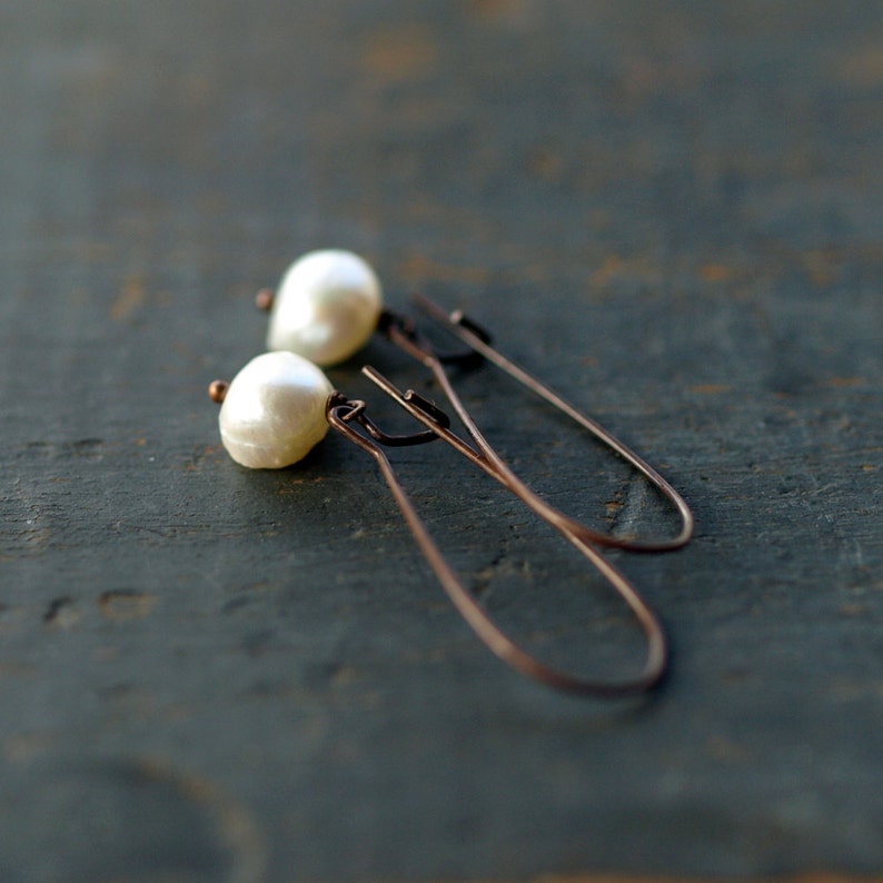 Pearl Dangle Earrings, Rustic Copper White Freshwater Pearl Earrings, June Birthstone Jewelry image 2