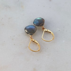 Labradorite Drop Earrings, Gray Gemstones with Blue Green Flash on Gold Filled Lever Back Closure, Sparkly Lightweight Earrings image 3