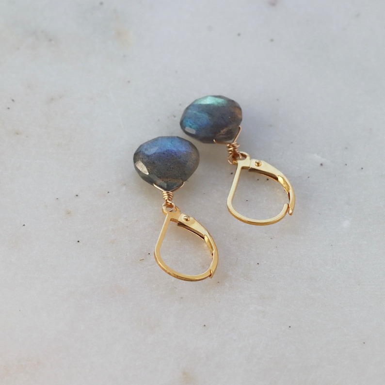Labradorite Drop Earrings, Gray Gemstones with Blue Green Flash on Gold Filled Lever Back Closure, Sparkly Lightweight Earrings image 3