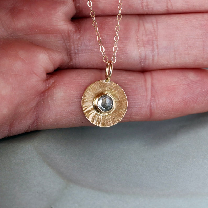 Salt and Pepper Diamond Pendant, Natural Rose Cut Diamond Solid 14k Gold Necklace, Sunburst Hammer Pattern Gold Disc Necklace image 8