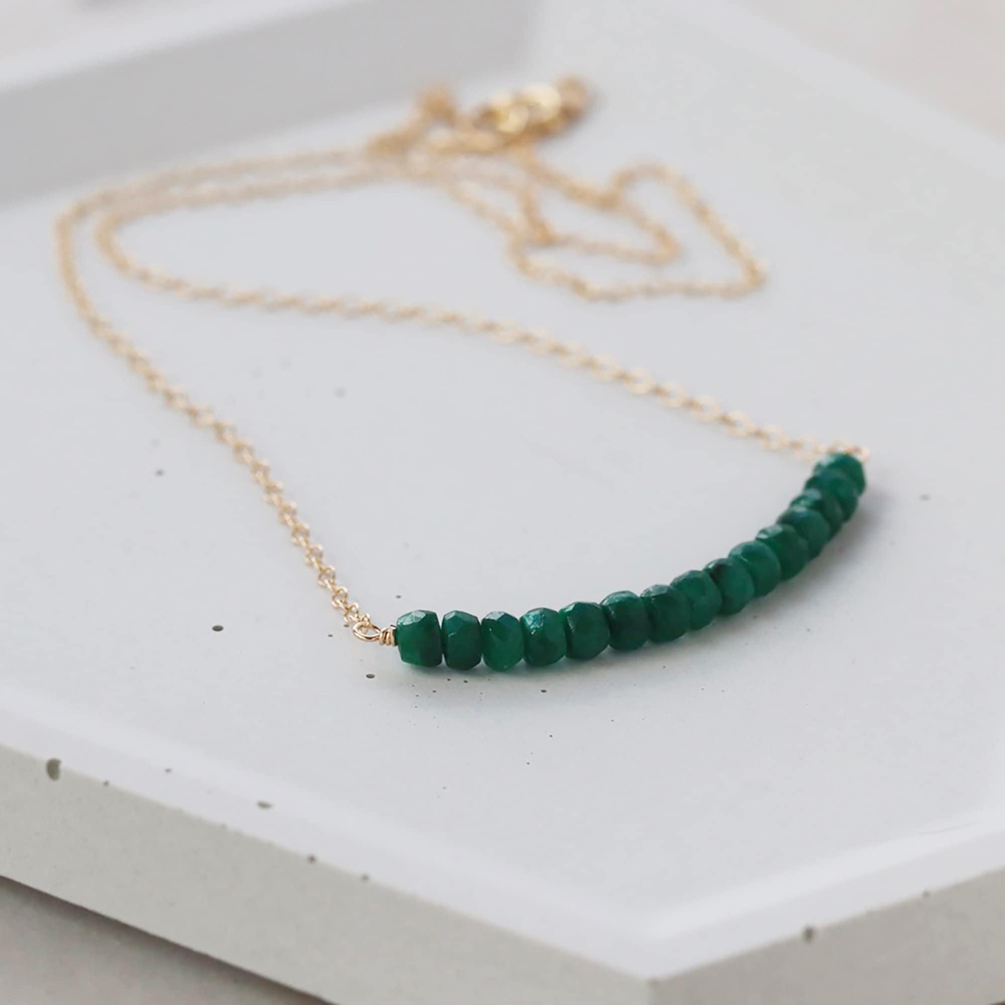 Emerald Bar Necklace, Gemstone Row Necklace, Genuine Emerald on 14k ...