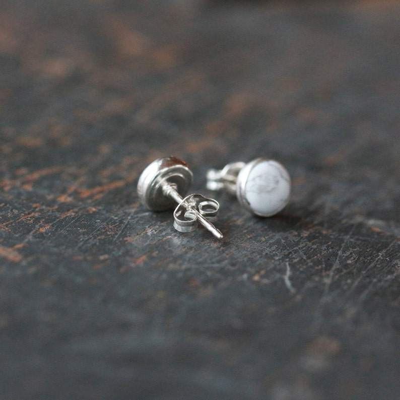 White Howlite Stud Earrings, White Stud Earrings, Sterling Silver, Black Pattern Gemstone Studs, Modern Stud Earrings image 4