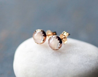 White Moonstone Stud Earrings, SOLID Gold Moonstone Studs, 14k Yellow Gold Posts, Gemstone Stud Earrings