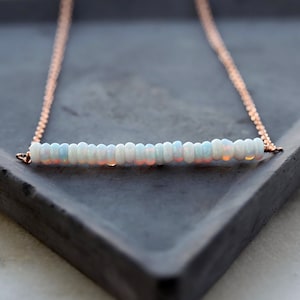 Opal Bar Necklace, Rose Gold Opal Jewelry, Rose Gold Filled Chain, October Birthstone Jewelry, Dainty Bead Necklace