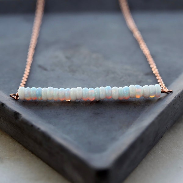 Opal Bar Necklace, Rose Gold Opal Jewelry, Rose Gold Filled Chain, October Birthstone Jewelry, Dainty Bead Necklace