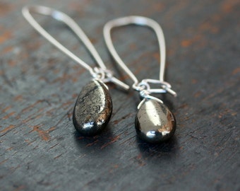Pyrite Drop Earrings, Sterling Silver and Fool's Gold, Metallic Shine Gemstone Dangle Earrings, Handmade Jewelry