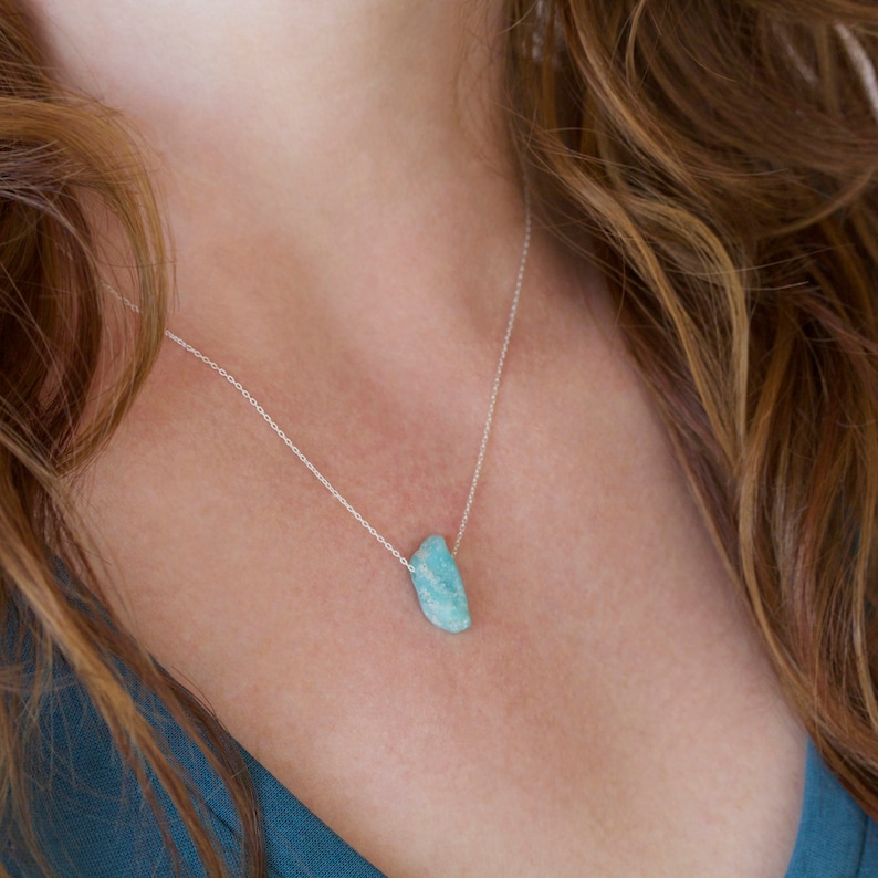 Raw Amazonite Necklace, Blue Green Stone Rough Gemstone Jewelry, Sterling Silver image 1