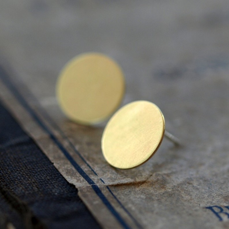 Round Brass Earrings, Brass Circle Studs, Gold Disk Earrings, Minimal Brass Jewelry image 1