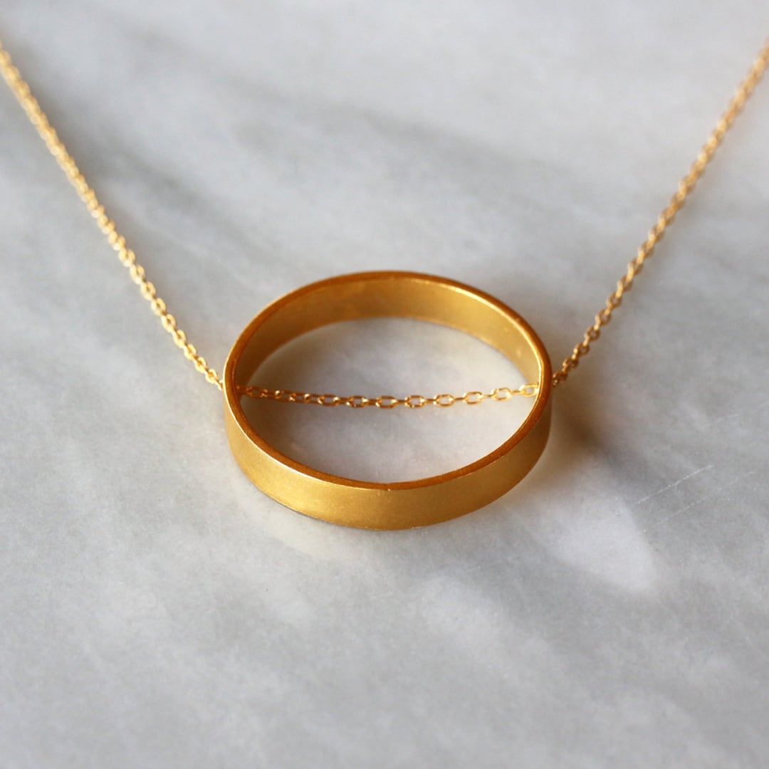 Golden Circle Necklace, Large Round Pendant, Geometric Jewelry, Gold ...