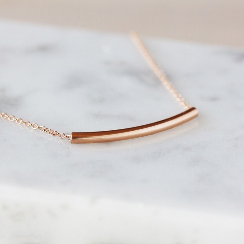 Rose Gold Bar Necklace, Dainty 14k Rose Gold Fill Curved Bar Minimalist Necklace image 2