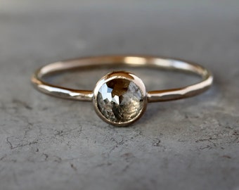 Rose Cut Gray Diamond Ring, 14k Palladium White Gold, Salt and Pepper Diamond Low Profile Ring, Hammered Band