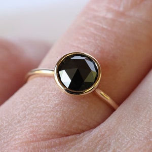 Black Diamond Ring, Large Round Rose Cut Diamond, Solid 14k Yellow Gold Ring, Unique Engagement Ring image 4