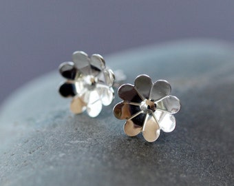 Silver Flower Earrings, Sterling Silver Studs, Floral Jewelry, Botanical Stud Earrings, Gift for Garden Lover