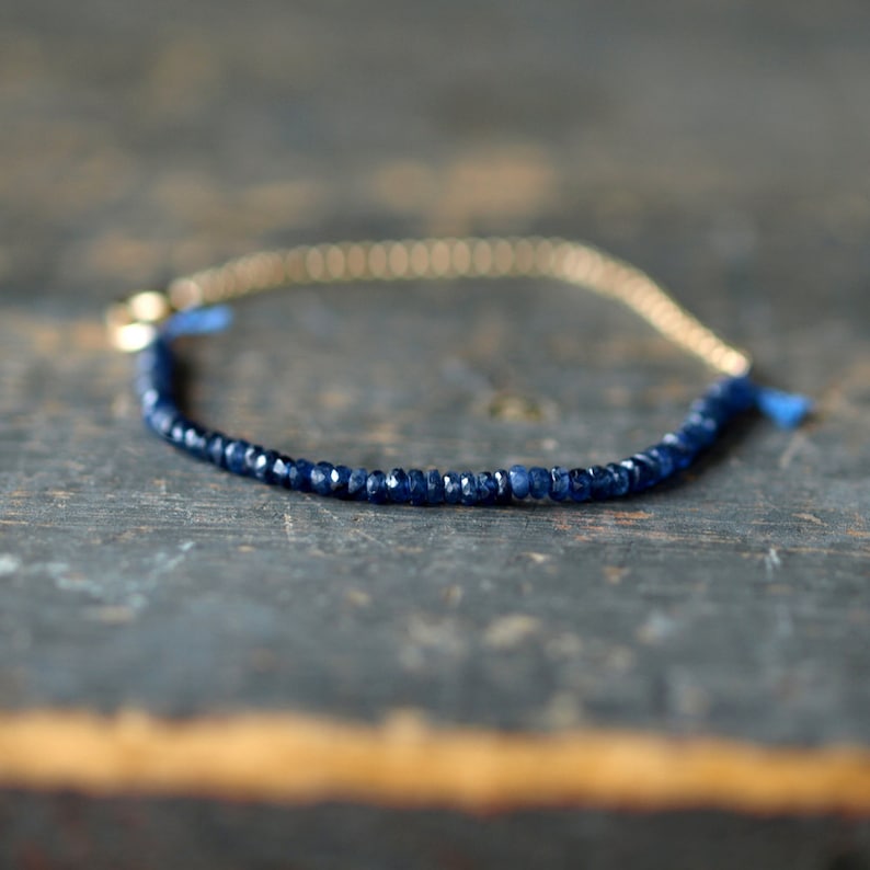 Blue Sapphire Beaded Bracelet, Precious Gemstone Bracelet, 14k Gold Filled Chain, September Birthstone Bracelet image 2