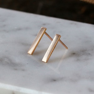 14k Gold Bar Earrings, Gold Line Earrings, 12mm Long Stick Earrings, Recycled Gold