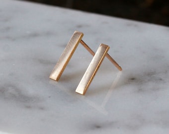 14k Gold Bar Earrings, Gold Line Earrings, 12mm Long Stick Earrings, Recycled Gold
