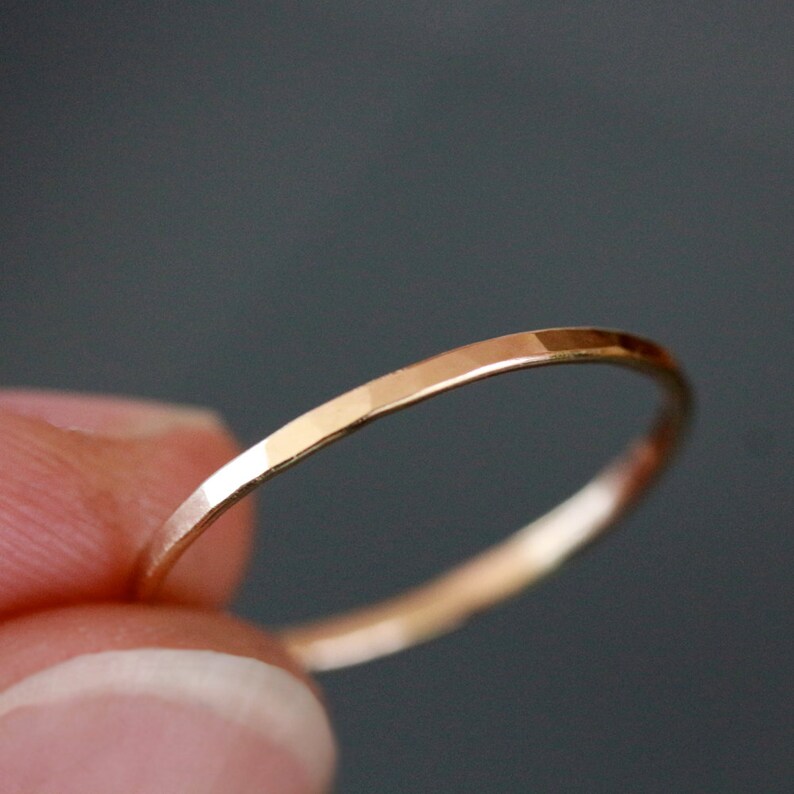 14k Gold Slim Ring, Hammered Facets Wedding Band, Gold Stacking Ring image 2