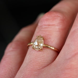 Rose Cut Pear Natural Diamond Ring, Unique Engagement Ring, 14k Yellow Gold Hammered Band image 3