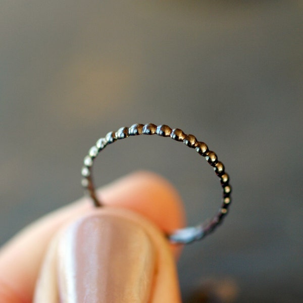 Oxidized Black Dotted Ring, Sterling Silver Minimalist Stacking Jewelry, Black Dots Stacking Band