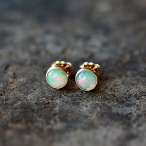 Opal Studs, 14k Gold Opal Earrings, Genuine Opal Gemstone, SOLID Yellow Gold, October Birthstone, 6mm Gems image 2