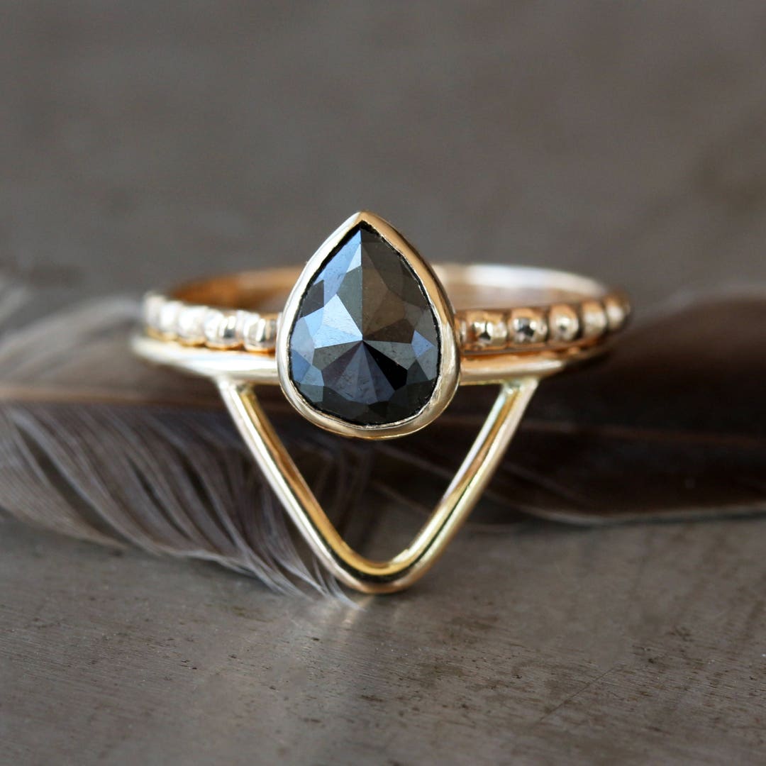 Teardrop Wedding Ring Set Rose Cut Black Pear Diamond - Etsy