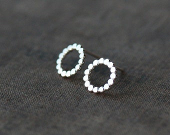 Dotted Circle Earrings, Silver Polka Dot Studs, Beaded Circle Studs Minimalist Earrings