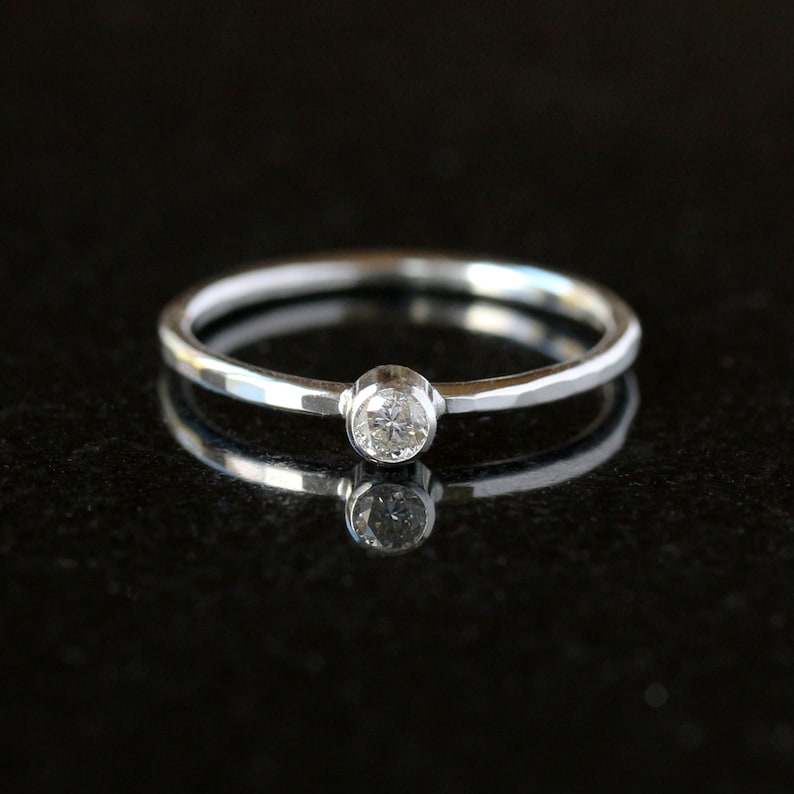 Simple Silver Diamond Ring Sterling Silver Hammered Band Etsy