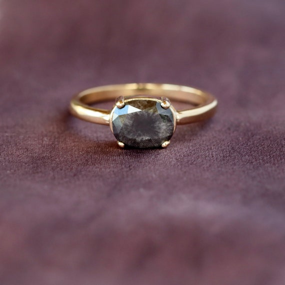 Oval Diamond Ring, 14k Yellow Gold Prong Set Salt and Pepper Diamond, East - West Prong Setting on Polished Band