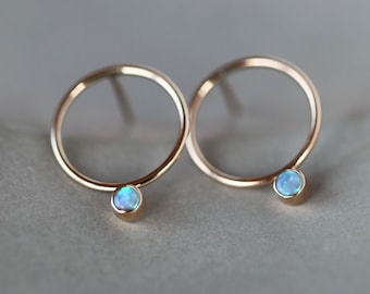 Opal Circle Earrings, Open Circle Studs with Opal Gemstones, 14k Gold Filled Earrings, October Birthstone