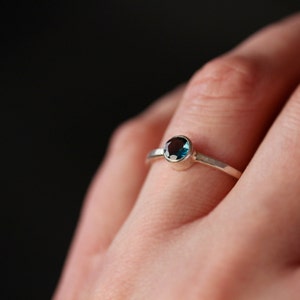 London Blue Topaz Ring, Sterling Silver Hammered Band, Simple Silver Gemstone Ring image 5