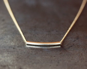 Curved Bar Necklace, Delicate Gold Tube Necklace, 14k Gold Fill Layer Bar Necklace, Dainty Gold Bar Necklace