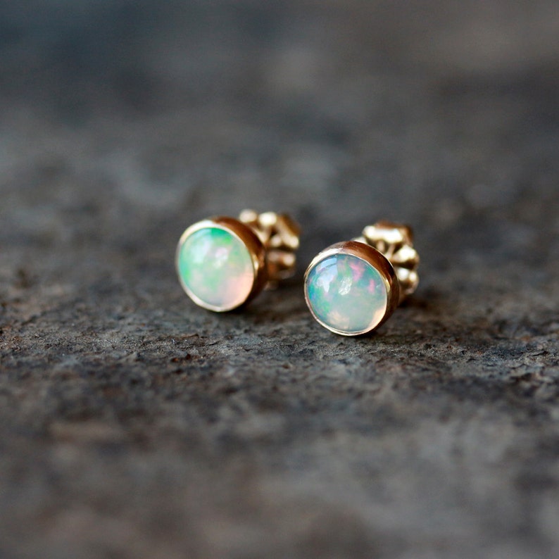 Opal Studs, 14k Gold Opal Earrings, Genuine Opal Gemstone, SOLID Yellow Gold, October Birthstone, 6mm Gems image 3